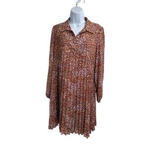 Nine West Feather Marks Georgette Collar Pleated  A Line Dress Small NWOT